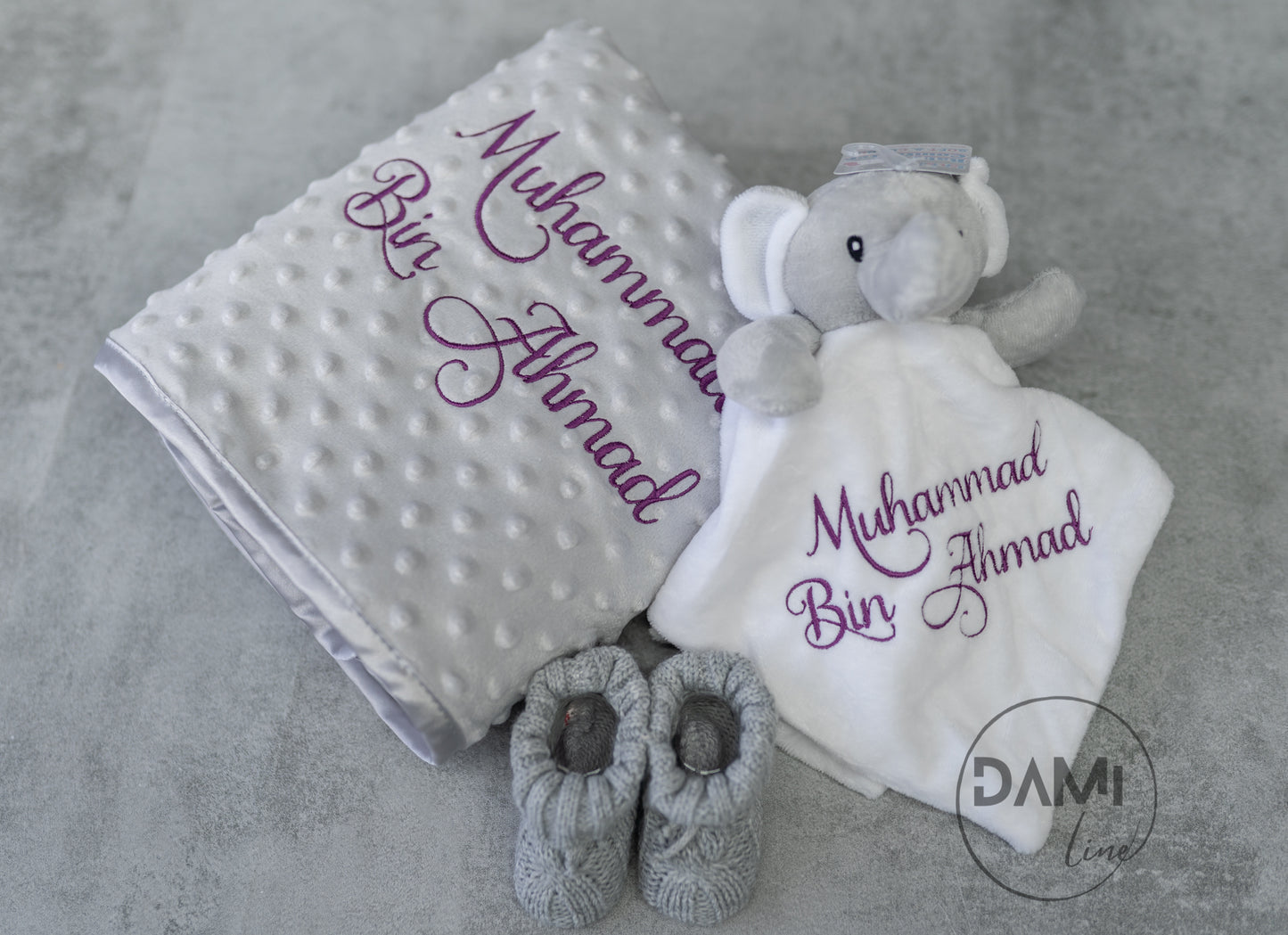 Personalised grey baby blanket, white elephant comforter and grey booties gift set for a baby