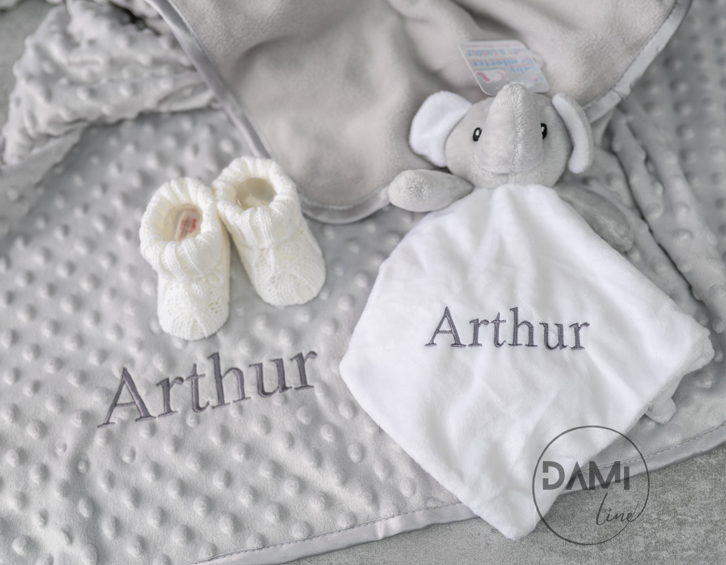 Personalised grey baby blanket, white elephant comforter and white booties gift set for a baby