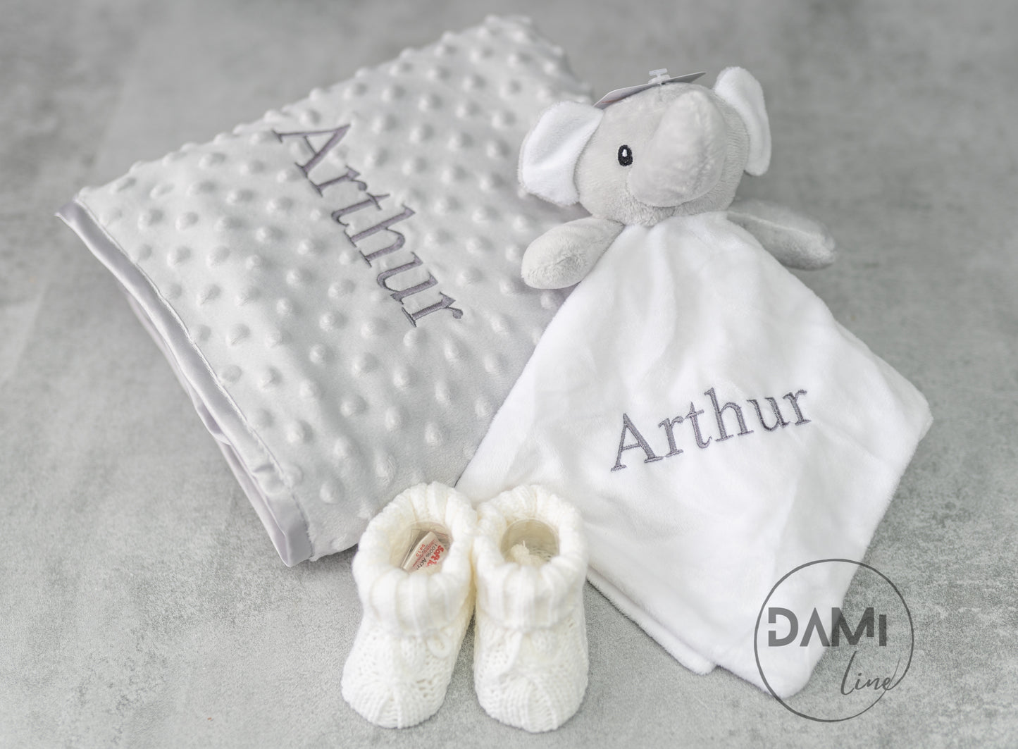 Personalised grey baby blanket, white elephant comforter and white booties gift set for a baby