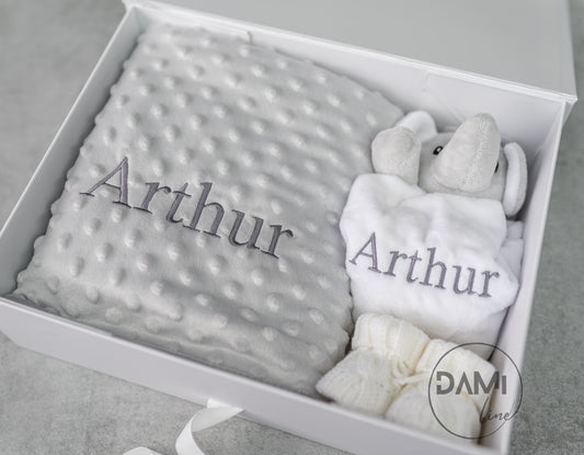 Personalised grey baby blanket, white elephant comforter and white booties gift set for a baby