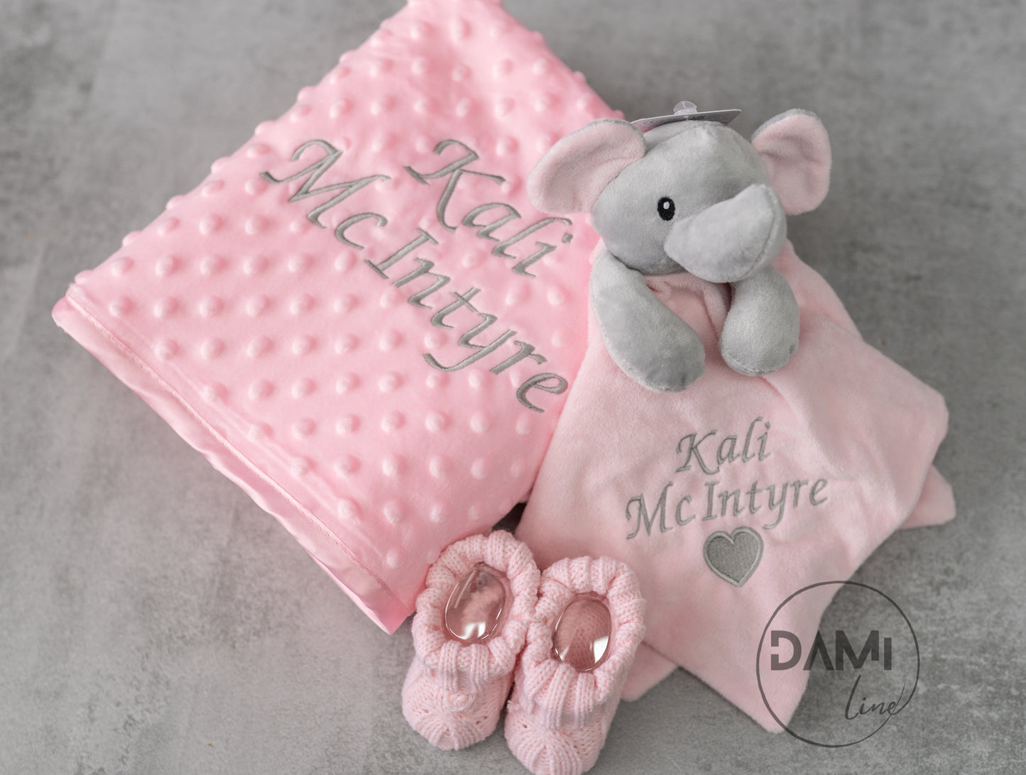 Personalised pink baby blanket, elephant comforter and pink booties gift set for baby girl | Baby gift set in box