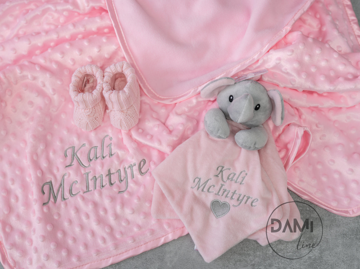 Personalised pink baby blanket, elephant comforter and pink booties gift set for baby girl | Baby gift set in box