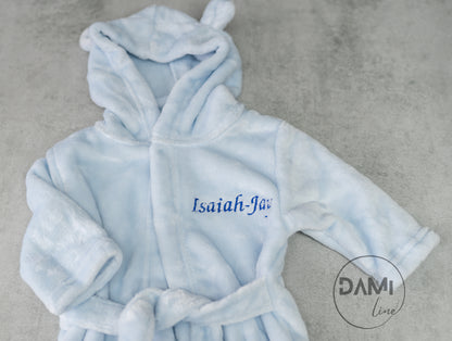 Personalised hooded baby bath robe, baby dressing gown. Front embroidery