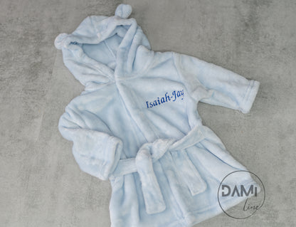 Personalised hooded baby bath robe, baby dressing gown. Front embroidery