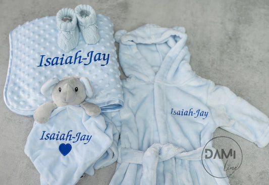 Personalised baby bubble blanket, personalised bath robe, elephant comforter and knitted booties gift set | Baby 4 pcs gift set in box