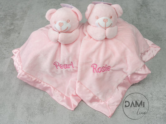 Personalised bear comforter with satin trim