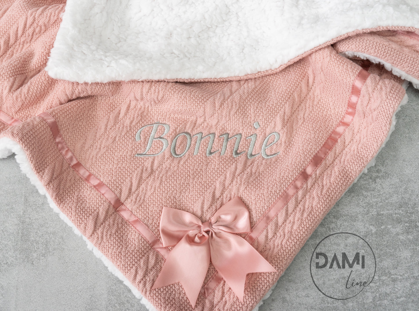 Personalised soft knitted ROSE GOLD baby girl blanket with sherpa lining