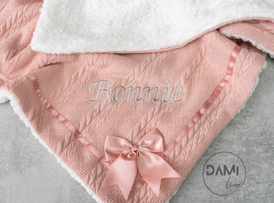 Personalised soft knitted ROSE GOLD baby girl blanket with sherpa lining