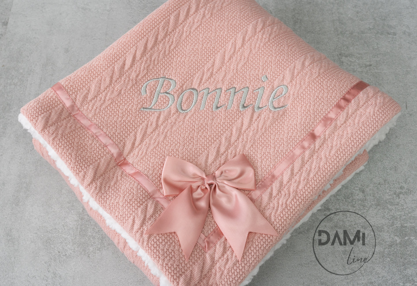 Personalised soft knitted ROSE GOLD baby girl blanket with sherpa lining