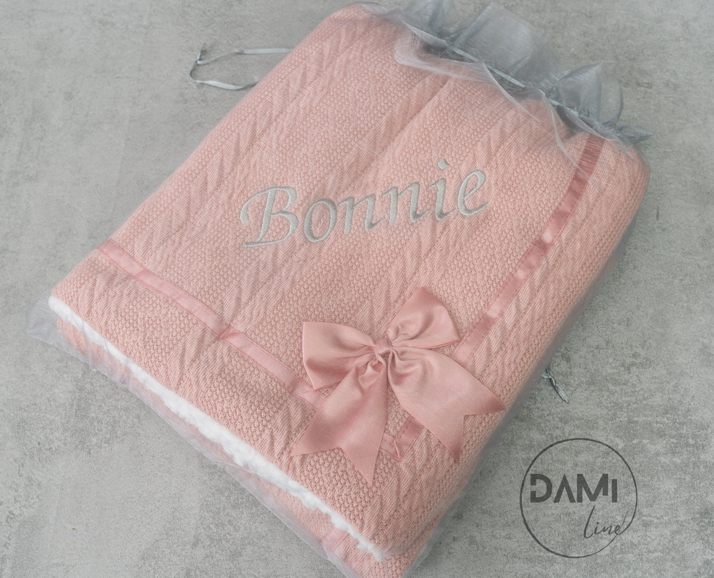 Personalised soft knitted ROSE GOLD baby girl blanket with sherpa lining