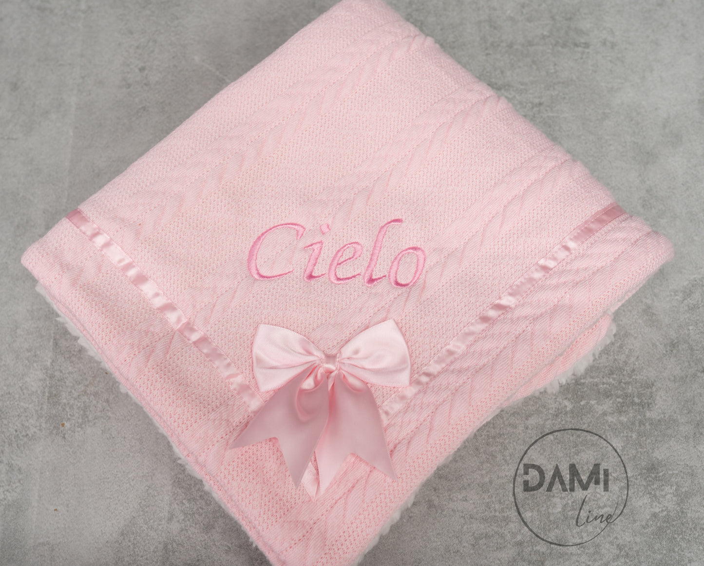 Personalised soft knitted PINK baby girl blanket with sherpa lining