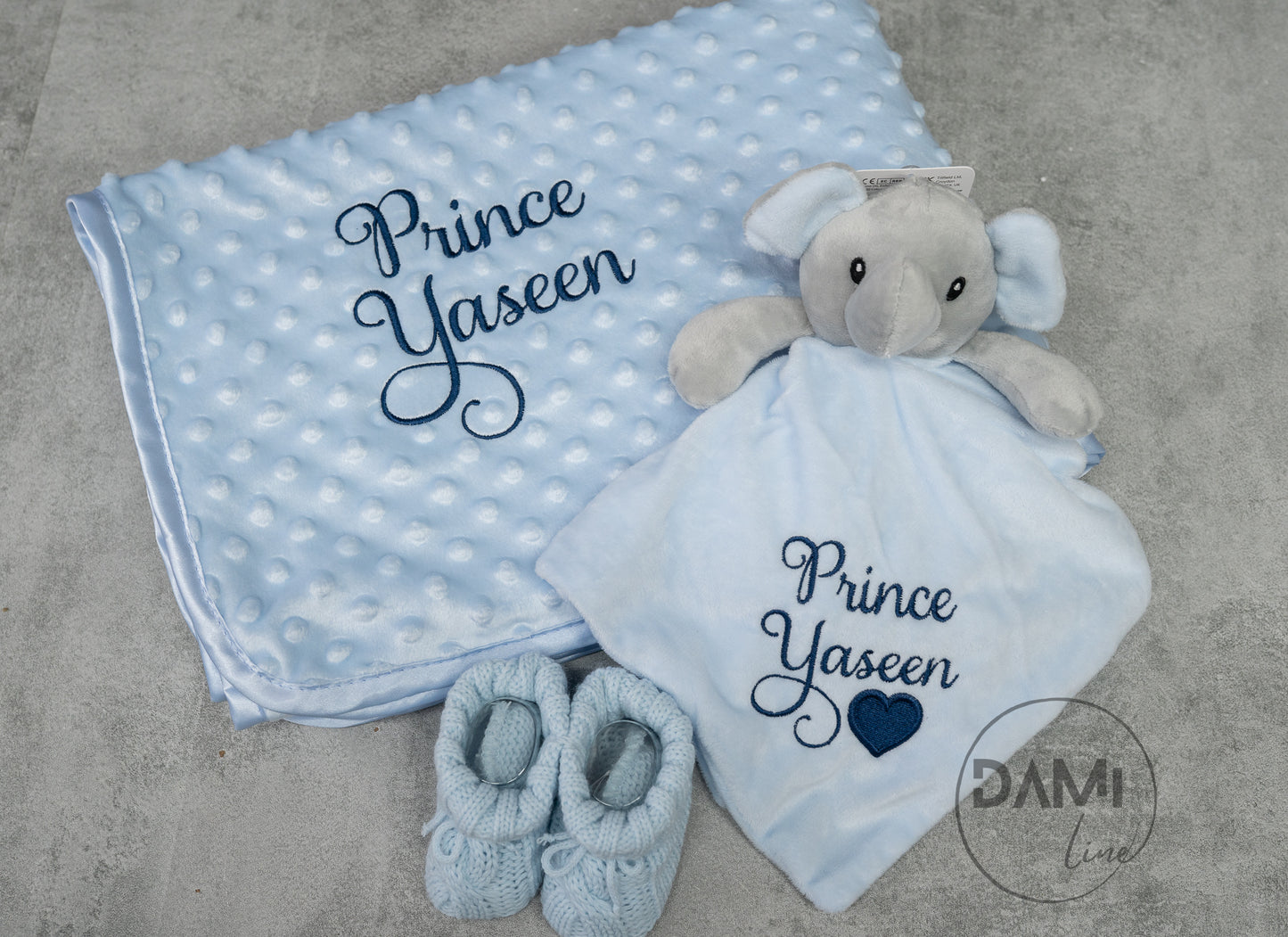 Personalised blue baby blanket, elephant comforter and knitted booties gift set for boy