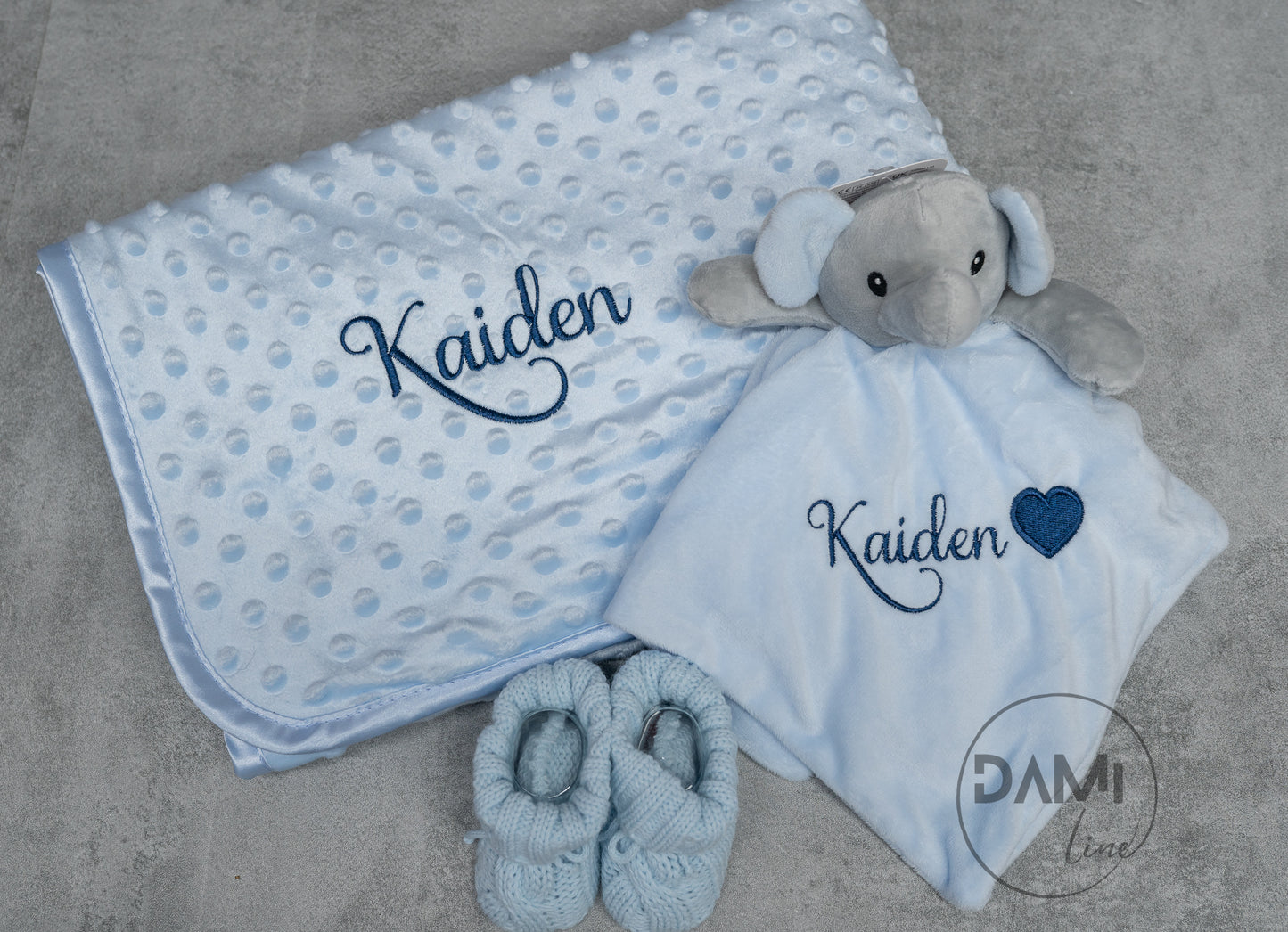 Personalised blue baby blanket, elephant comforter and knitted booties gift set for boy