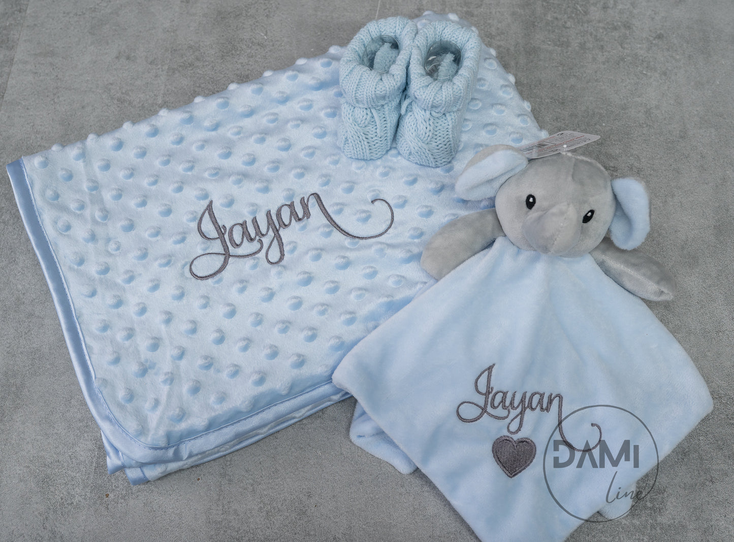 Personalised blue baby blanket, elephant comforter and blue knitted booties gift set for boy | Baby boy gift set in blue magnetic box