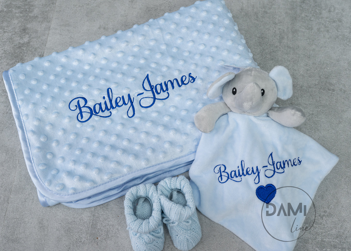 Personalised blue baby blanket, elephant comforter and blue knitted booties gift set for boy | Baby boy gift set in blue magnetic box