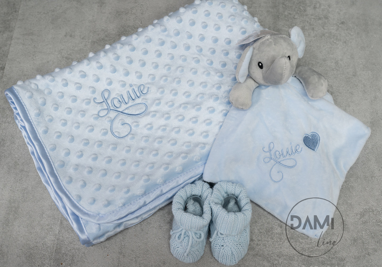 Personalised blue baby blanket, elephant comforter and blue knitted booties gift set for boy | Baby boy gift set in blue magnetic box