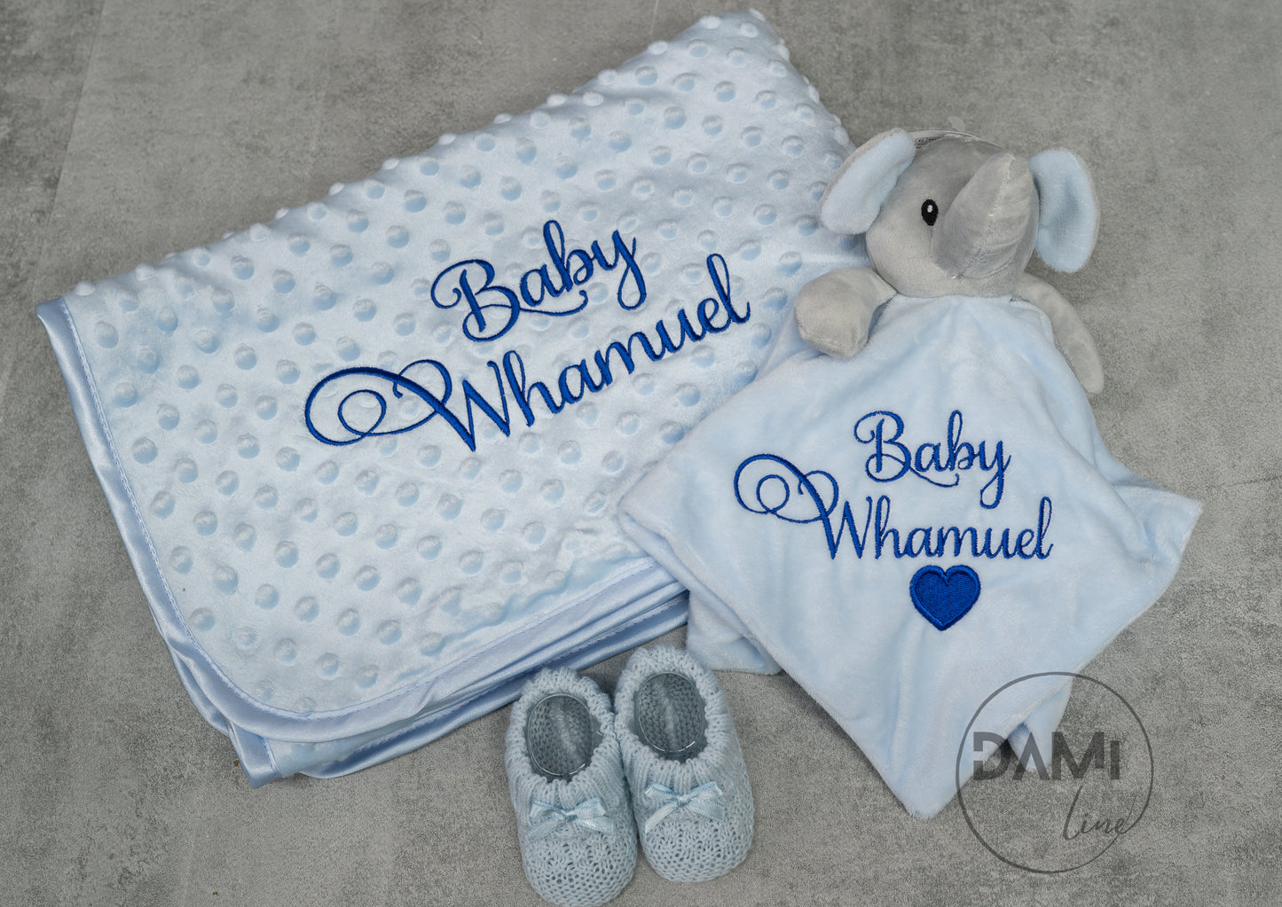 Personalised blue baby blanket, elephant comforter and knitted booties gift set for boy