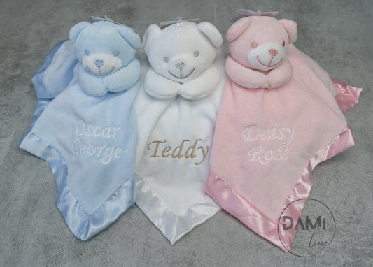 Personalised bear comforter with satin trim SCRIPT FONT