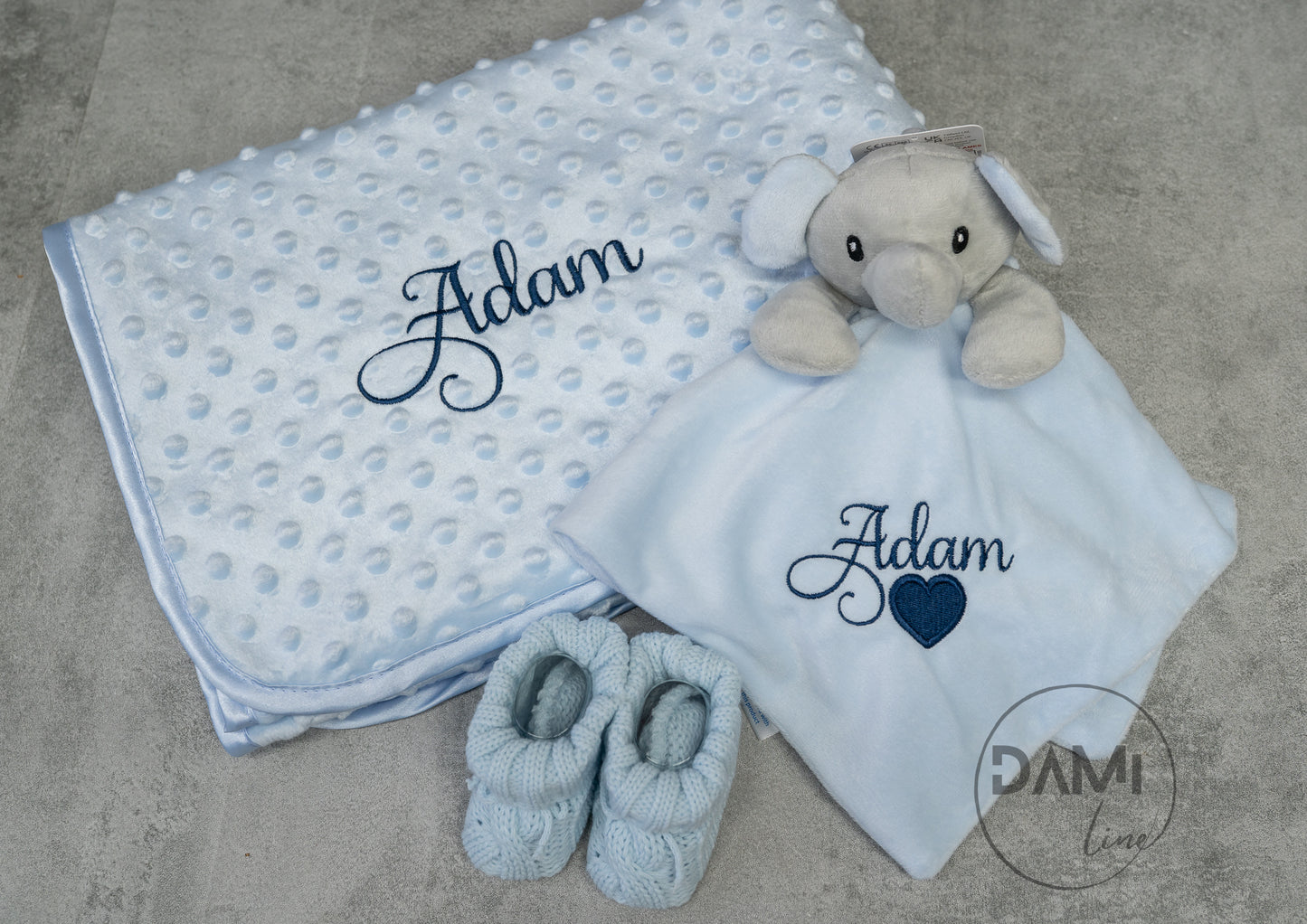 Personalised blue baby blanket, elephant comforter and blue knitted booties gift set for boy | Baby boy gift set in blue magnetic box