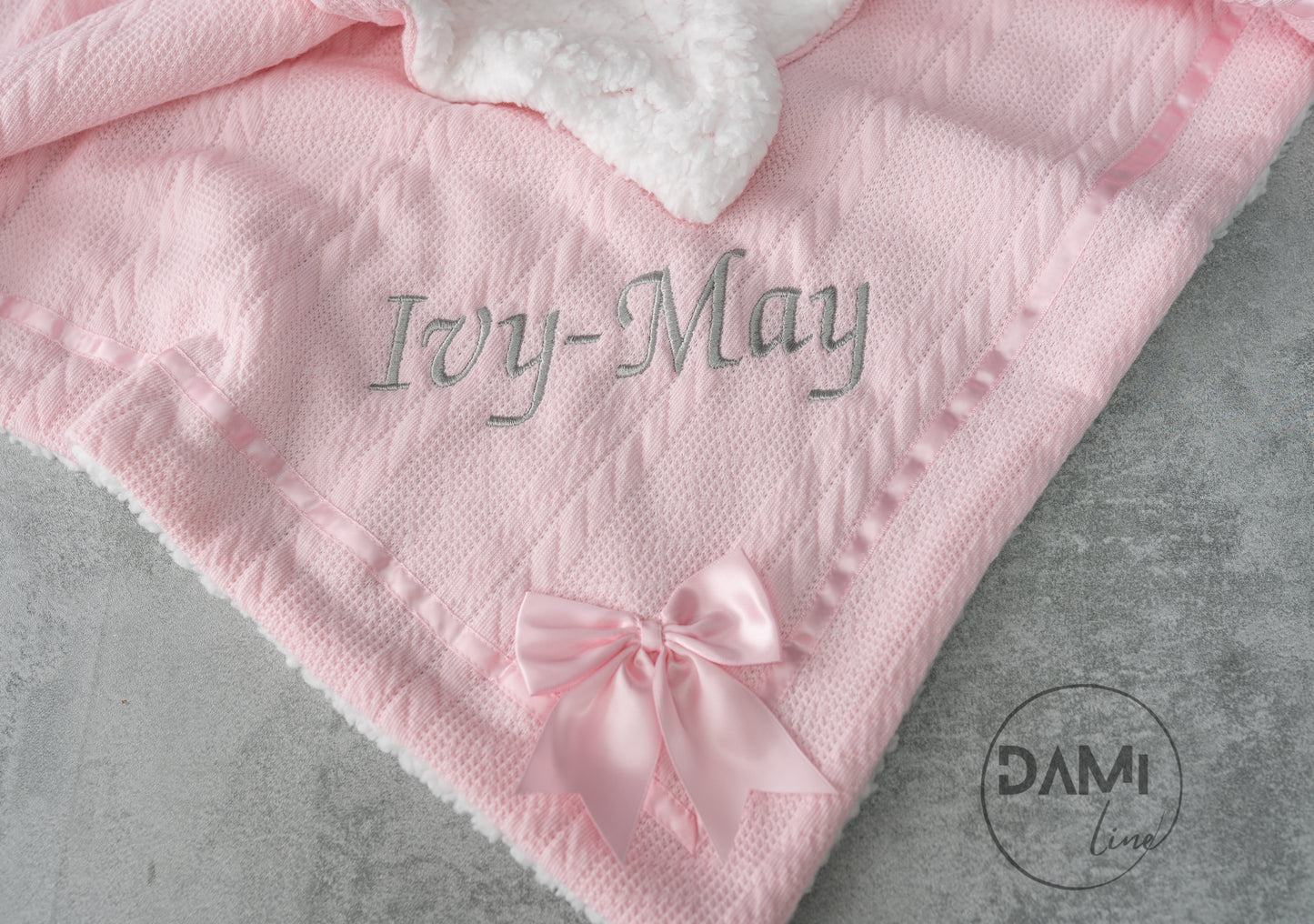 Personalised soft knitted PINK baby girl blanket with sherpa lining