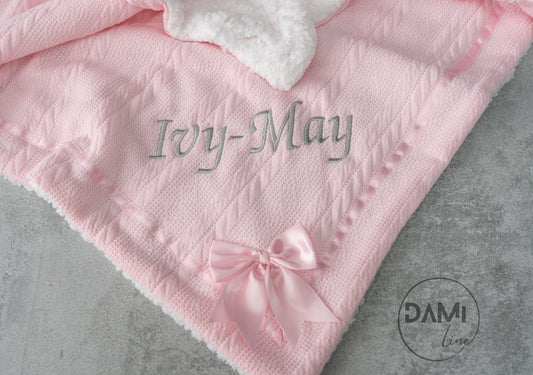 Personalised soft knitted PINK baby girl blanket with sherpa lining