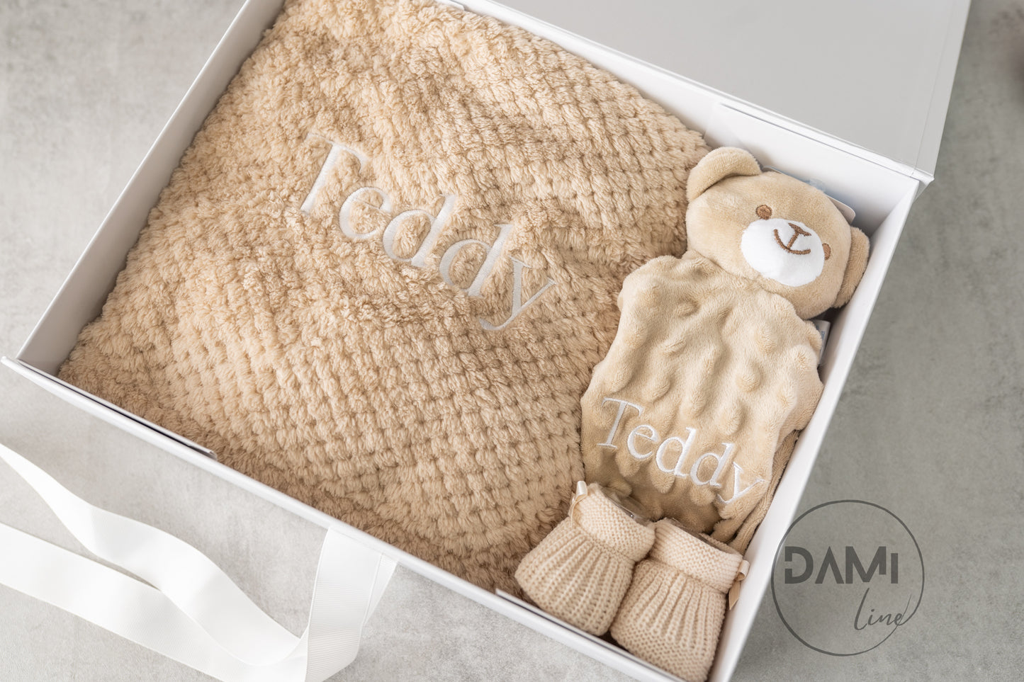 Personalised baby blanket, bear comforter and booties gift set for baby girl or boy | Baby gift set in box