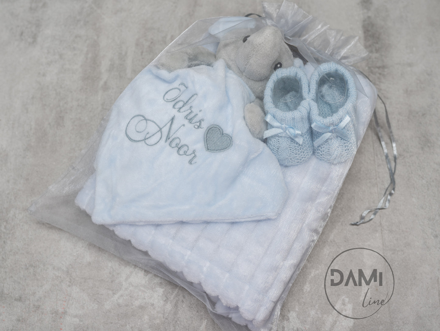 Personalised Baby Boy Gift Set – Blue Blanket, Elephant Comforter & Knitted Booties
