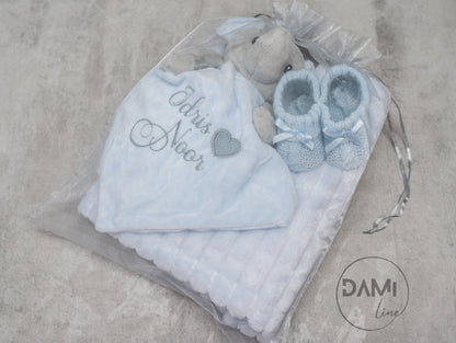 Personalised Baby Boy Gift Set – Blue Blanket, Elephant Comforter & Knitted Booties