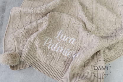 Personalised knitted baby blanket with 2 Pom-poms. Multiple colours available