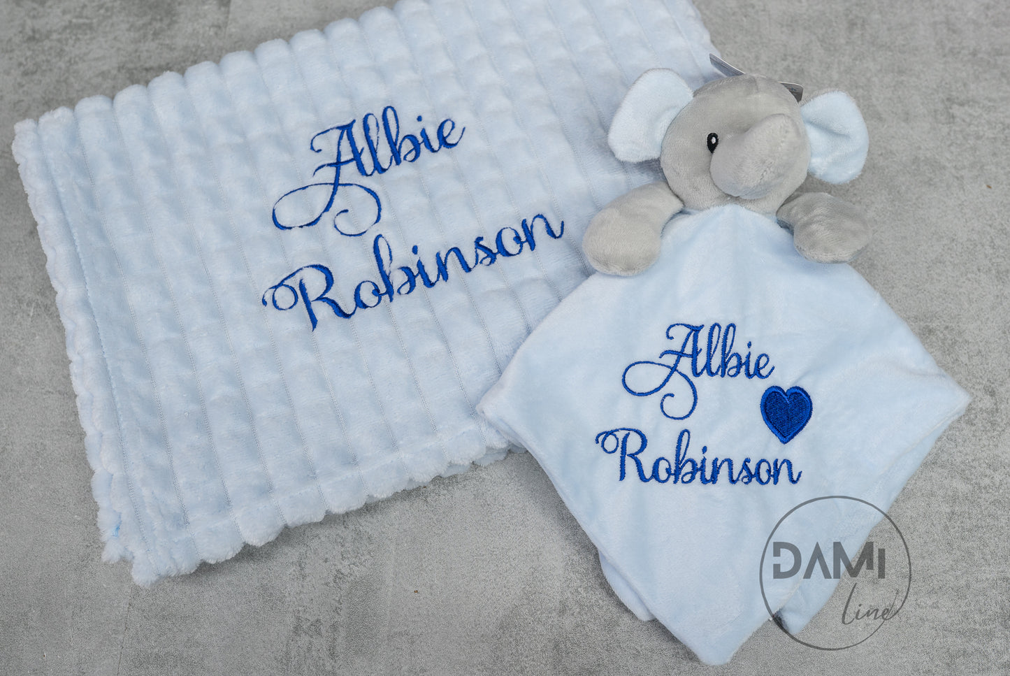 Personalised blue baby blanket and elephant comforter gift set for boy