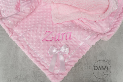 Personalised bubble blanket with satin bow and sherpa back. Multiple colours available.