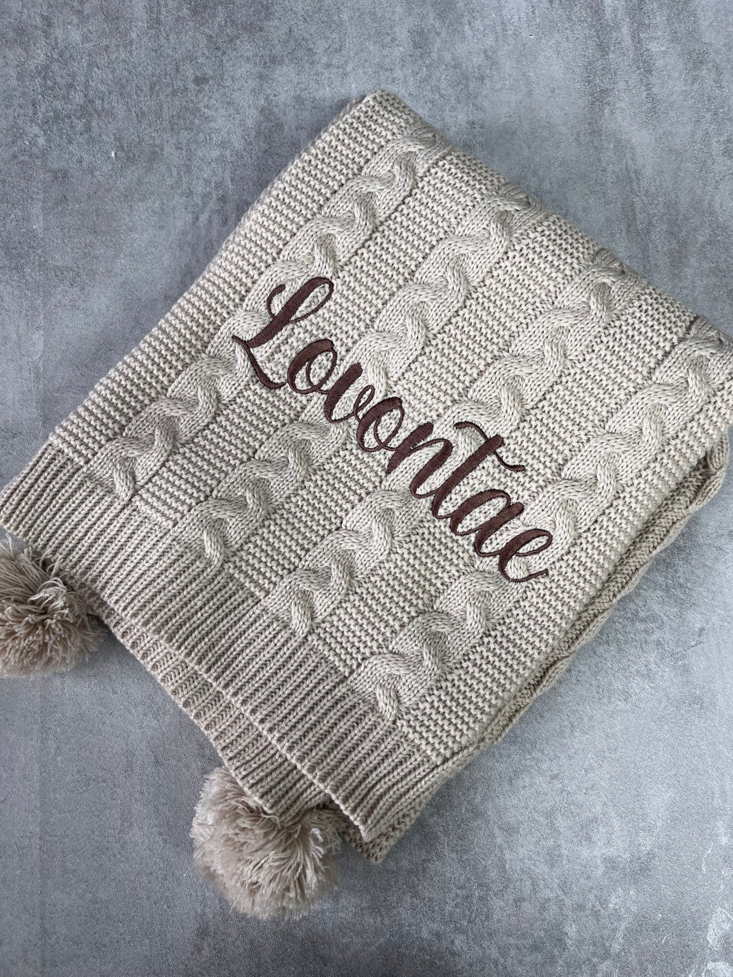 Personalised knitted baby blanket with 2 Pom-poms