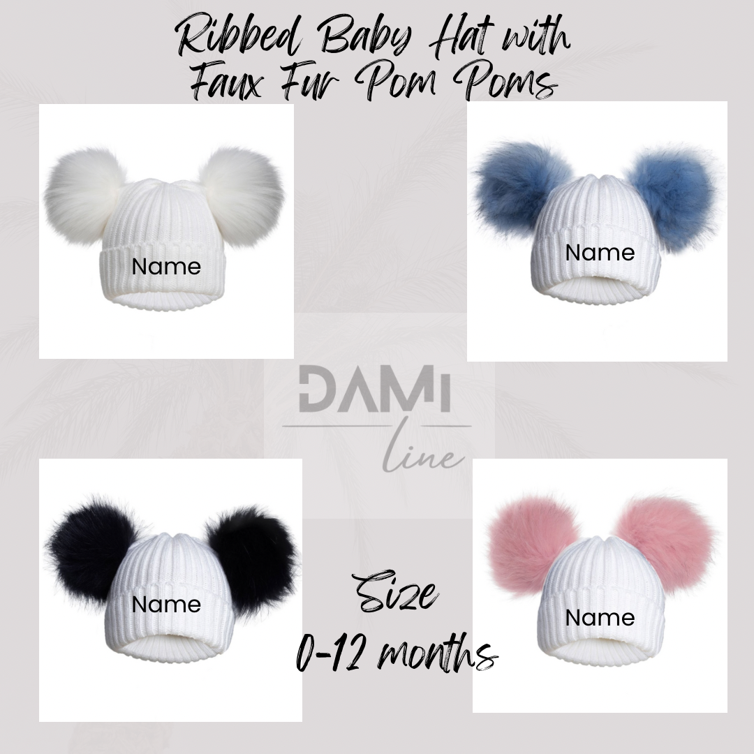 Personalised Ribbed Baby Hat with Faux Fur Pom Poms – NB–12 Months