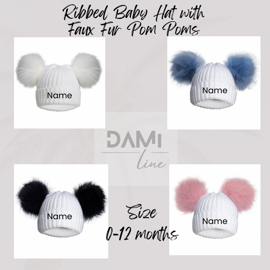 Personalised Ribbed Baby Hat with Faux Fur Pom Poms – NB–12 Months