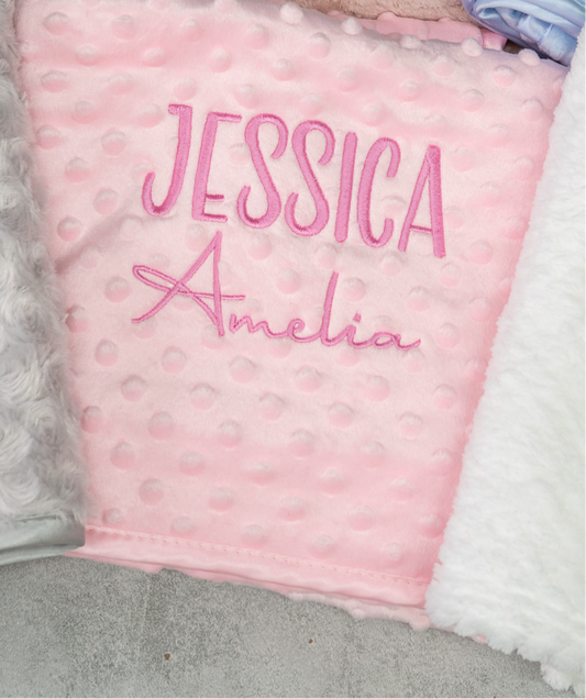 Personalised 2 NAMES embroidered baby bubble blanket with fleece back and satin trim