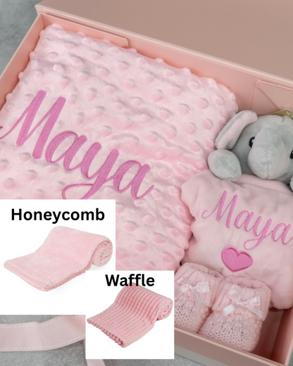 Personalised Baby Girl Gift Set – Pink Blanket, Elephant Comforter & Knitted Booties in Magnetic Gift Box