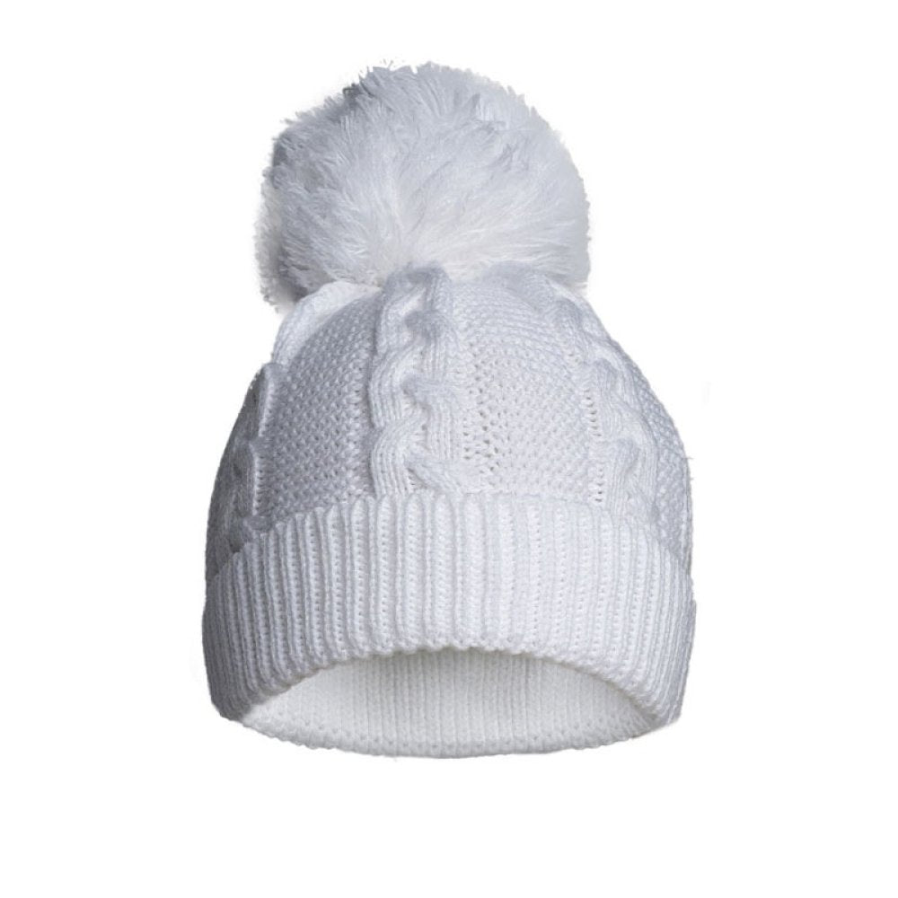 White Cable Knit Hat with Pom Pom & Turnover