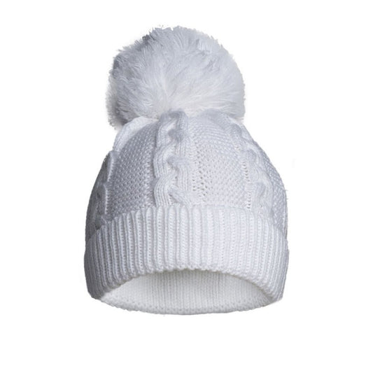 White Cable Knit Hat with Pom Pom & Turnover