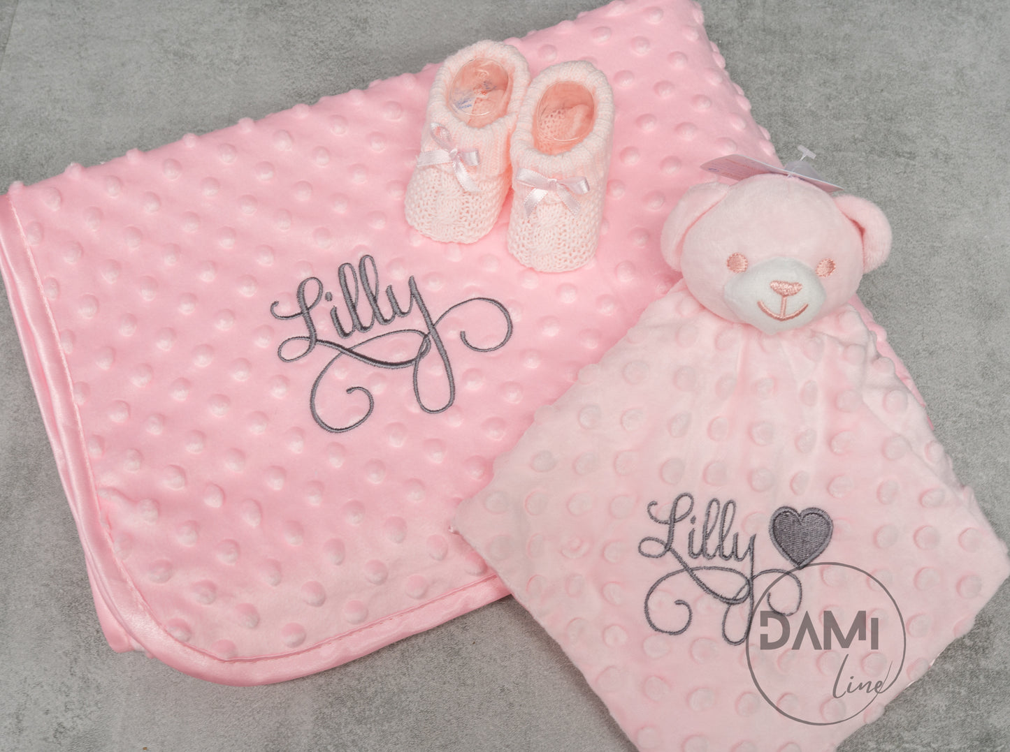 Personalised pink baby blanket, bear comforter and pink booties gift set for baby girl