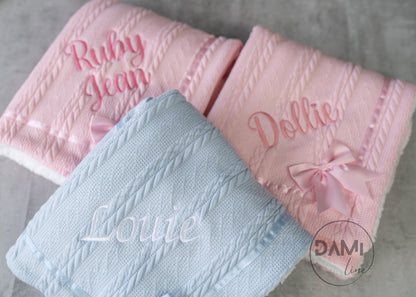 Personalised baby knitted blanket with satin bow and white sherpa back