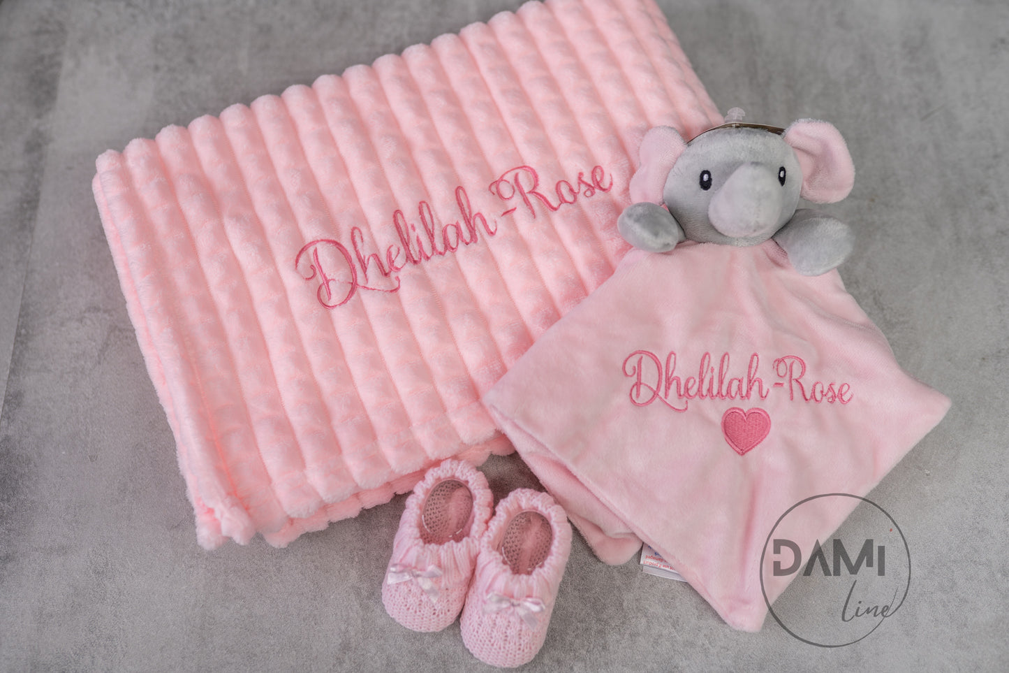 Personalised Baby Girl Gift Set – Pink Blanket, Elephant Comforter & Knitted Booties in Gift Box