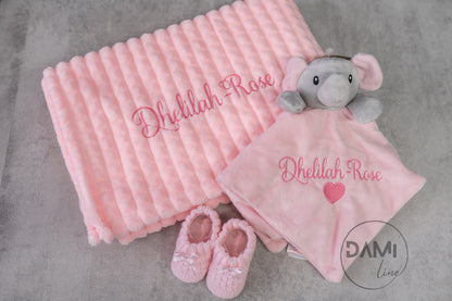 Personalised Baby Girl Gift Set – Pink Blanket, Elephant Comforter & Knitted Booties in Gift Box