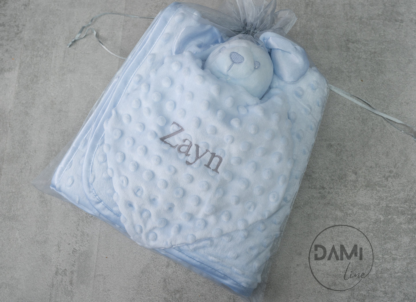 Personalised blue baby blanket and bunny comforter gift set for boy