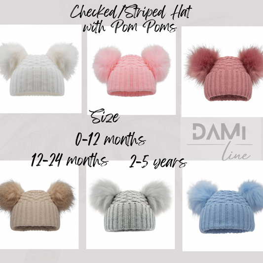 Checked/Striped Hat with Pom Poms