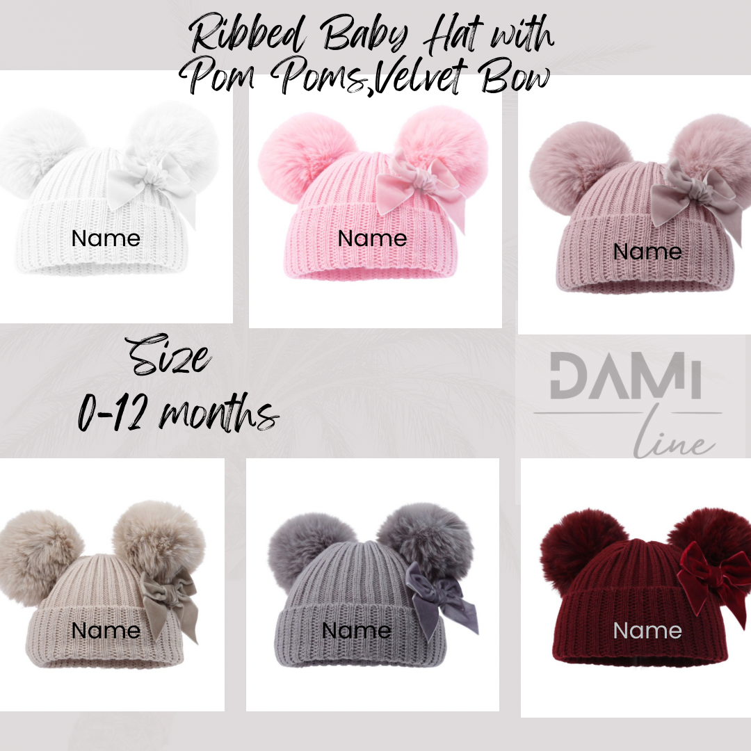 Personalised Ribbed Baby Hat with Pom Poms, Turnover & Velvet Bow