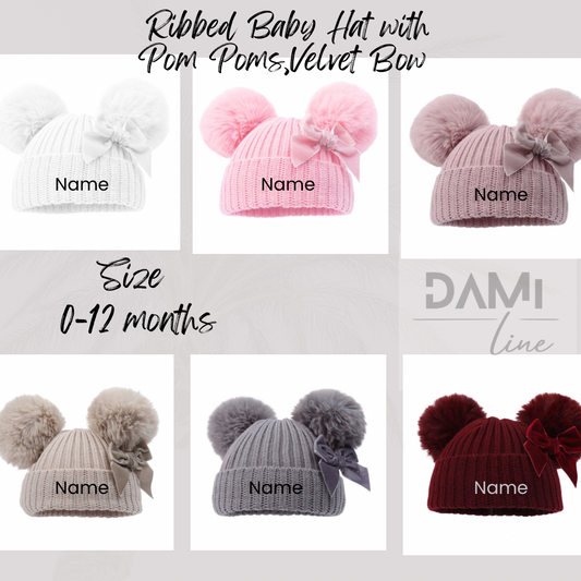 Personalised Ribbed Baby Hat with Pom Poms, Turnover & Velvet Bow
