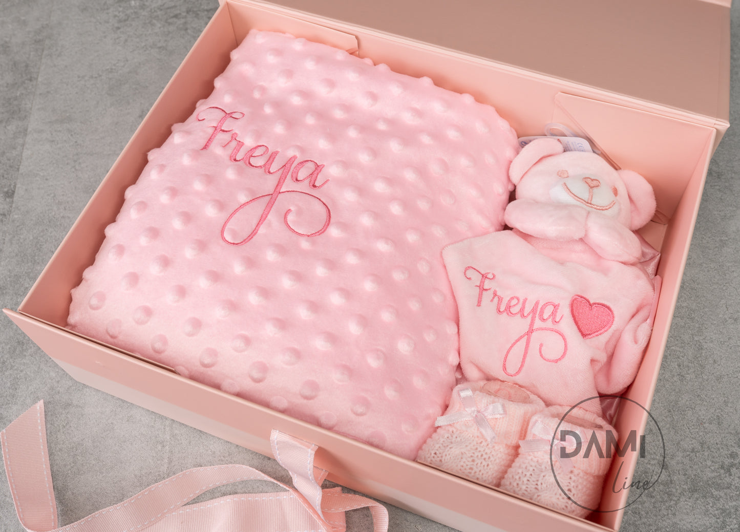 Personalised pink baby blanket, bear comforter and pink booties gift set for baby girl