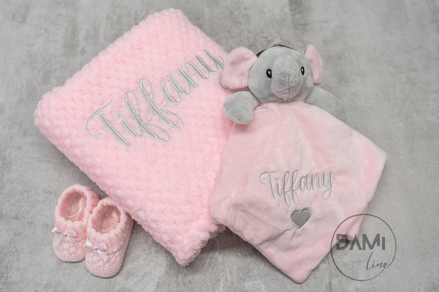 Personalised Baby Girl Gift Set – Pink Blanket, Elephant Comforter & Knitted Booties in Magnetic Gift Box