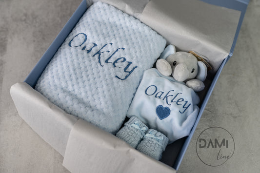 Personalised Baby Boy Gift Set – Blue Blanket, Elephant Comforter & Knitted Booties