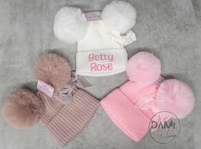 Personalised Ribbed Baby Hat with Pom Poms, Turnover & Velvet Bow (Copy)